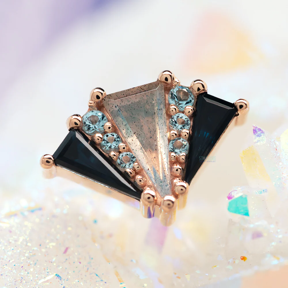 "Cerberus" Threaded End in Gold with London Blue Topaz, Swiss Blue Topaz & Labradorite - Image 2