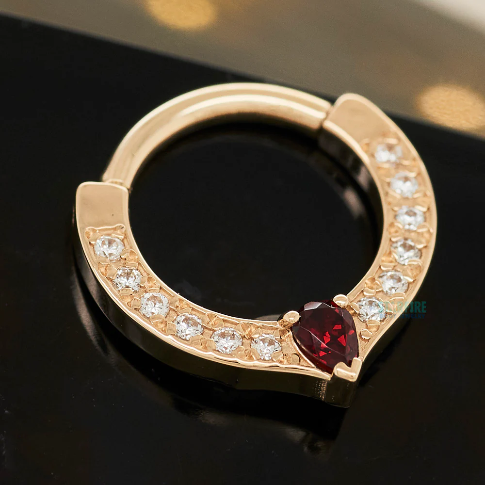 "Cherish Pear" Hinge Ring in Gold with White CZ & Garnet - Image 2