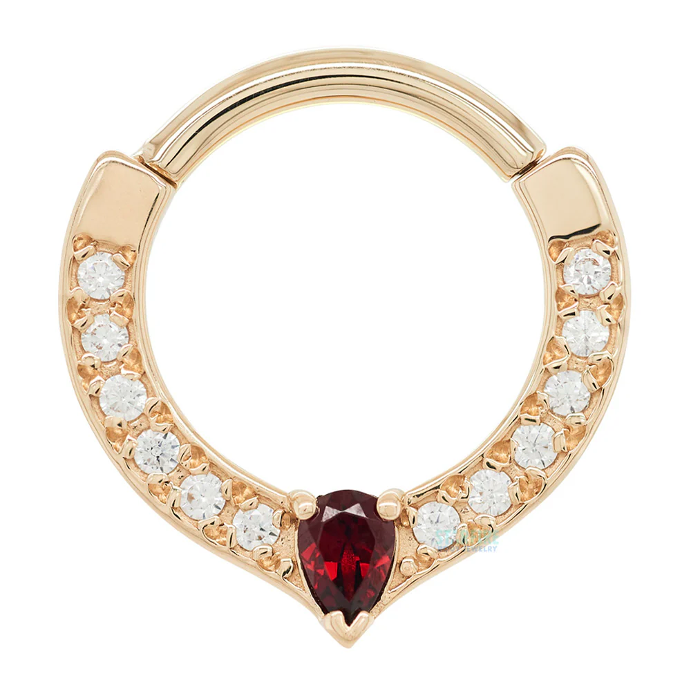 "Cherish Pear" Hinge Ring in Gold with White CZ & Garnet - Image 3