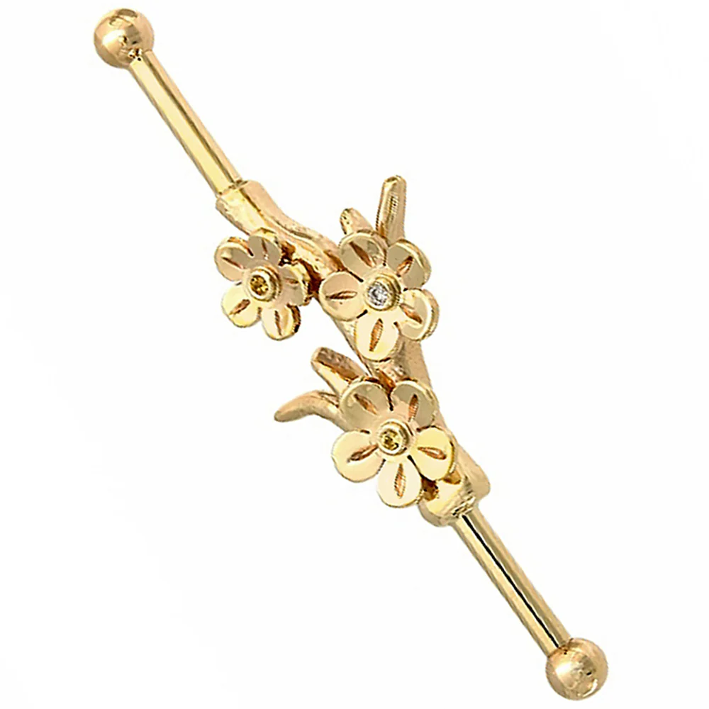 Cherry Blossom Branch Industrial Barbell in Gold with Yellow Sapphire & Diamond - Image 2