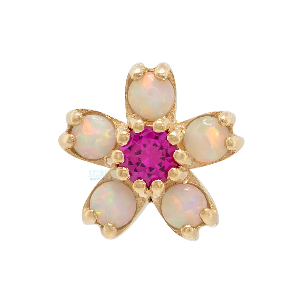 Cherry Blossom Nostril Screw in Gold & Platinum with White Opal & Ruby - Image 2
