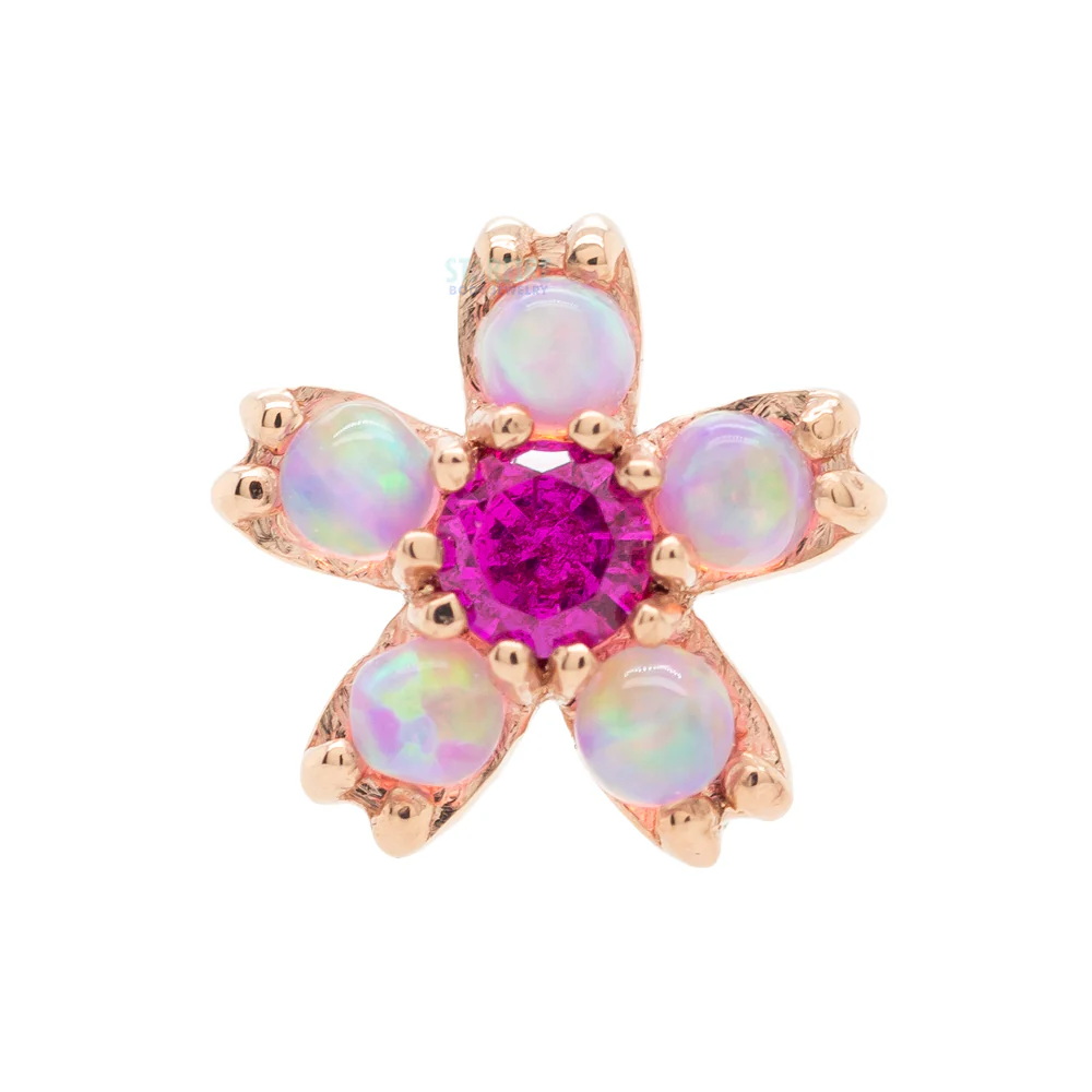 Cherry Blossom Nostril Screw in Gold with Pink Opal & Ruby - Image 3