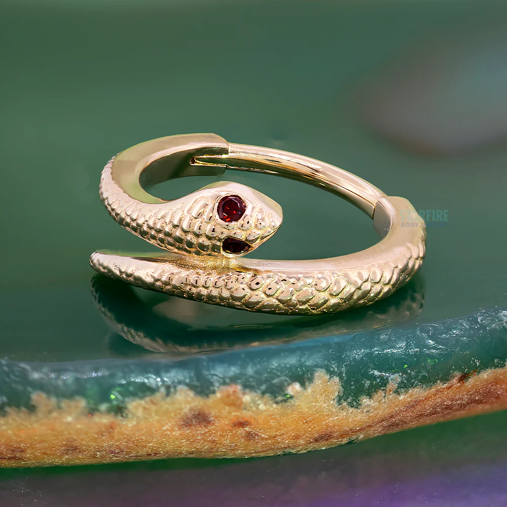 "Cobra" Hinge Ring in Gold with Garnet Eyes - Image 2