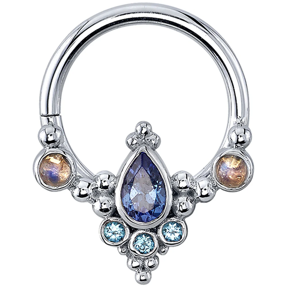 "Colada" Seam Ring in Gold & Platinum with Tanzanite, Ice Blue Topaz & Rainbow Moonstones