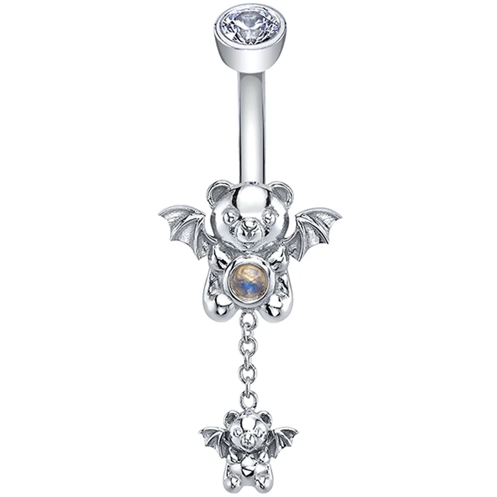 "Contessa Nocturna" Navel J Curve in Gold & Platinum with Rainbow Moonstone & White CZ