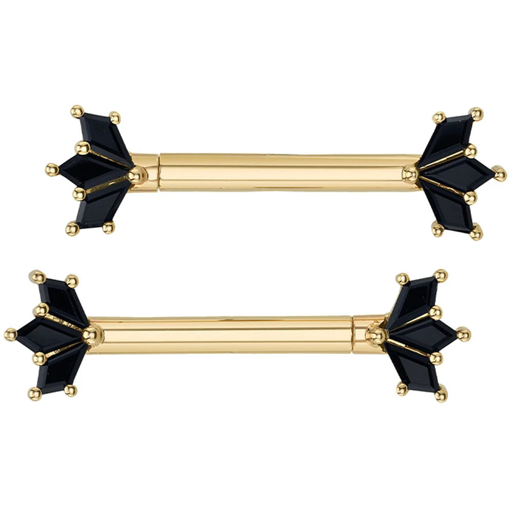 "Daydream" Forward Facing Nipple Barbells in Gold & Platinum with Onyx - Image 2