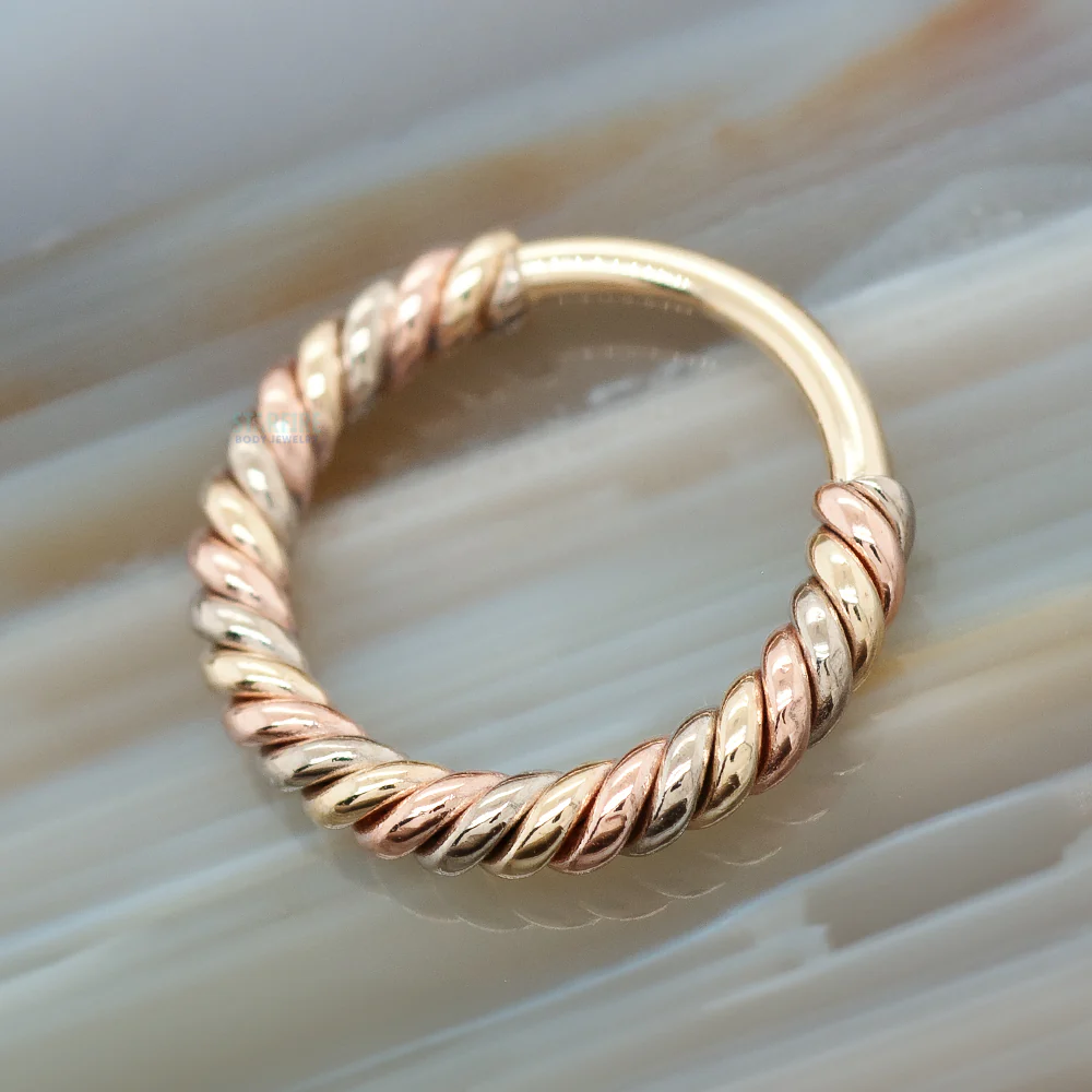 "Desiree" Tri Tone Braided Seam Ring in Yellow, White & Rose Gold - Image 2