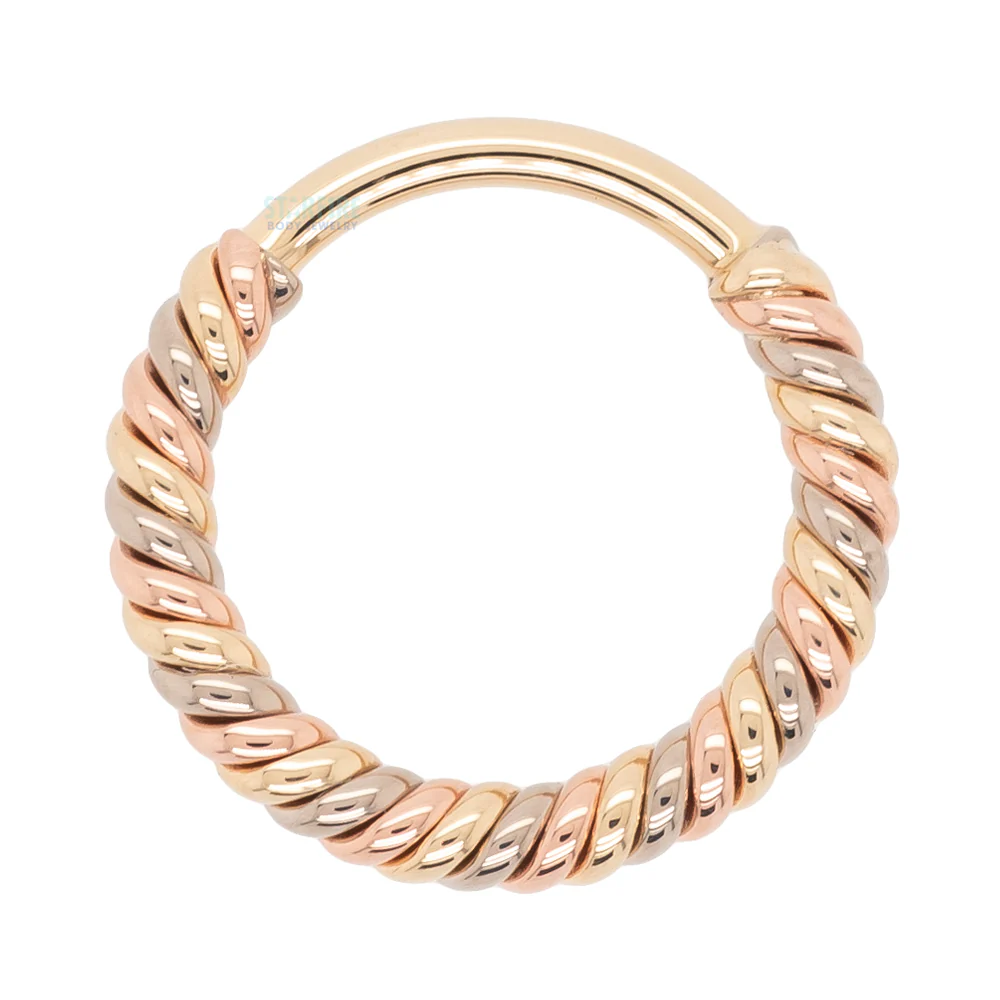 "Desiree" Tri Tone Braided Seam Ring in Yellow, White & Rose Gold - Image 3