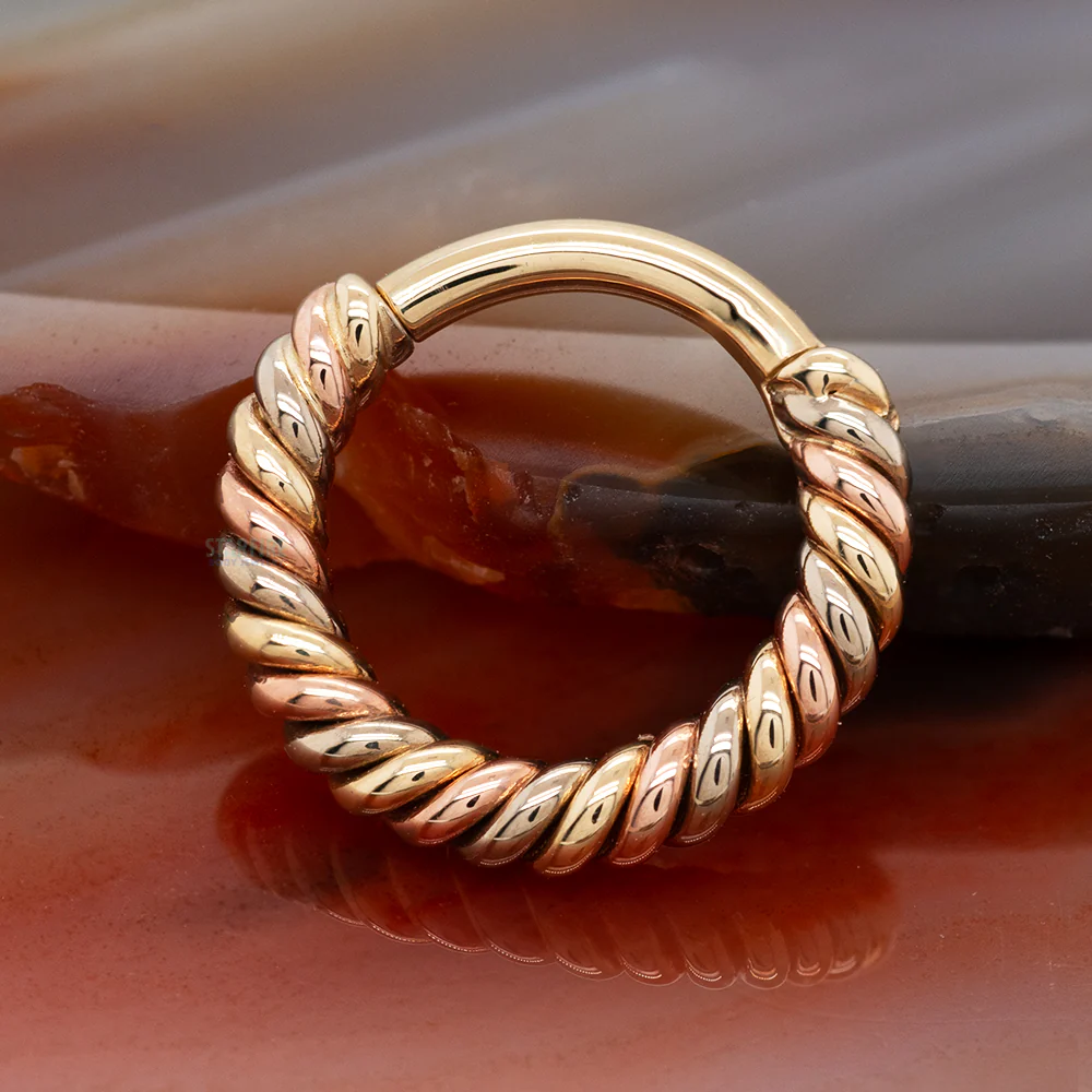 "Desiree" Tri Tone Braided Hinge Ring in Yellow, White & Rose Gold - Image 2