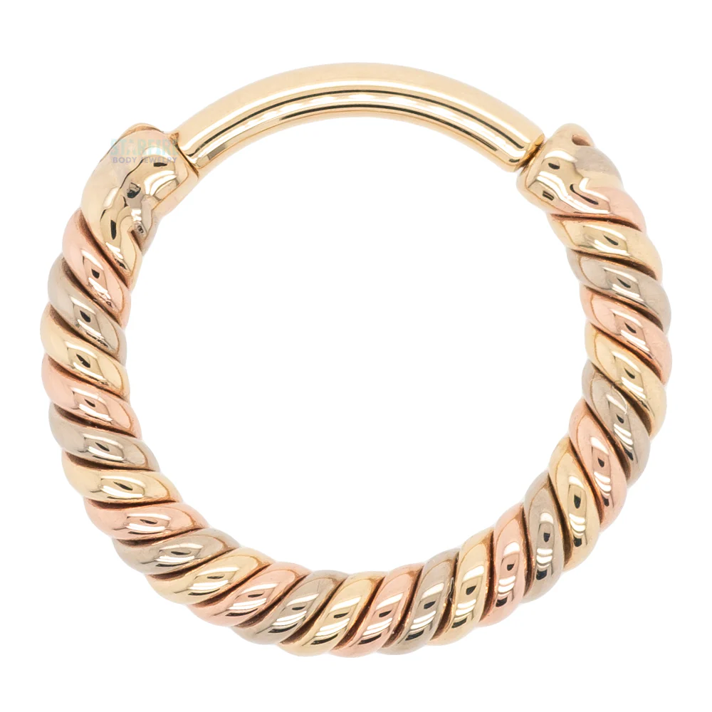 "Desiree" Tri Tone Braided Hinge Ring in Yellow, White & Rose Gold - Image 3