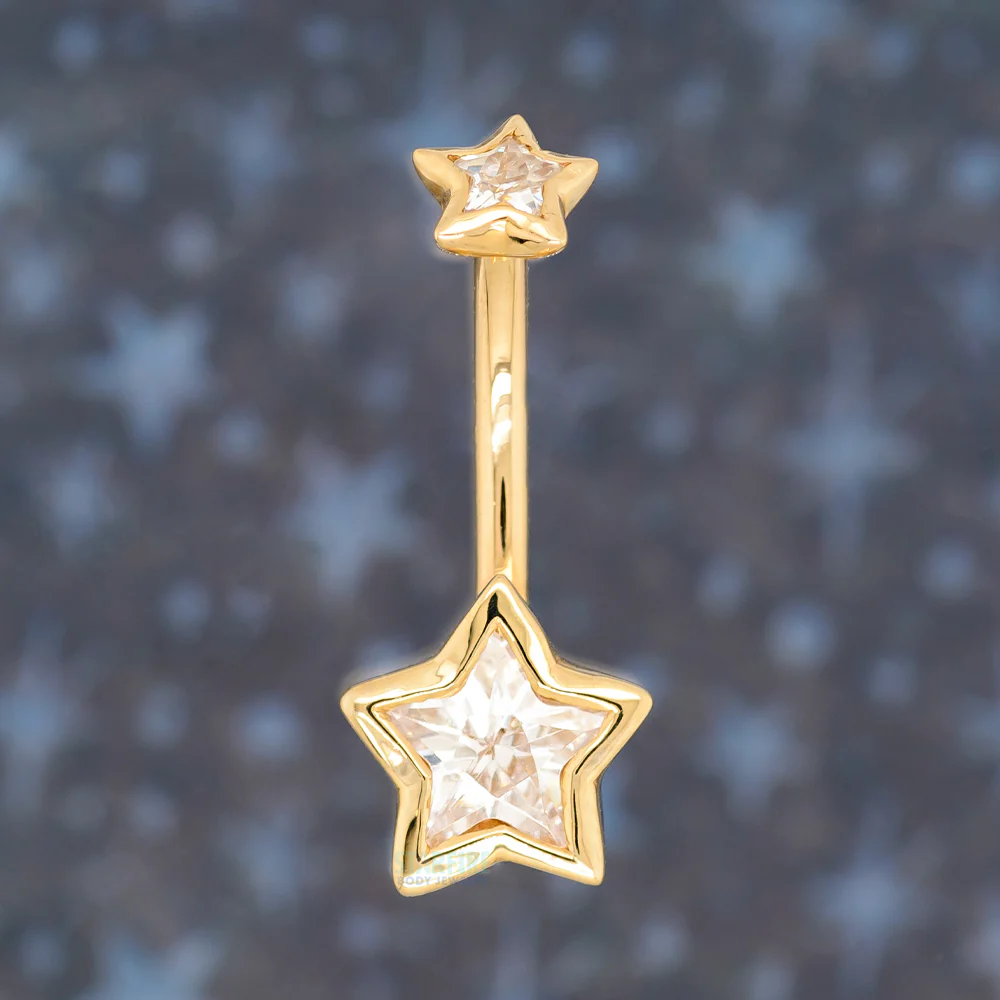 "Diva" Star Bezel Navel Curve in Gold with White CZ's - Image 2