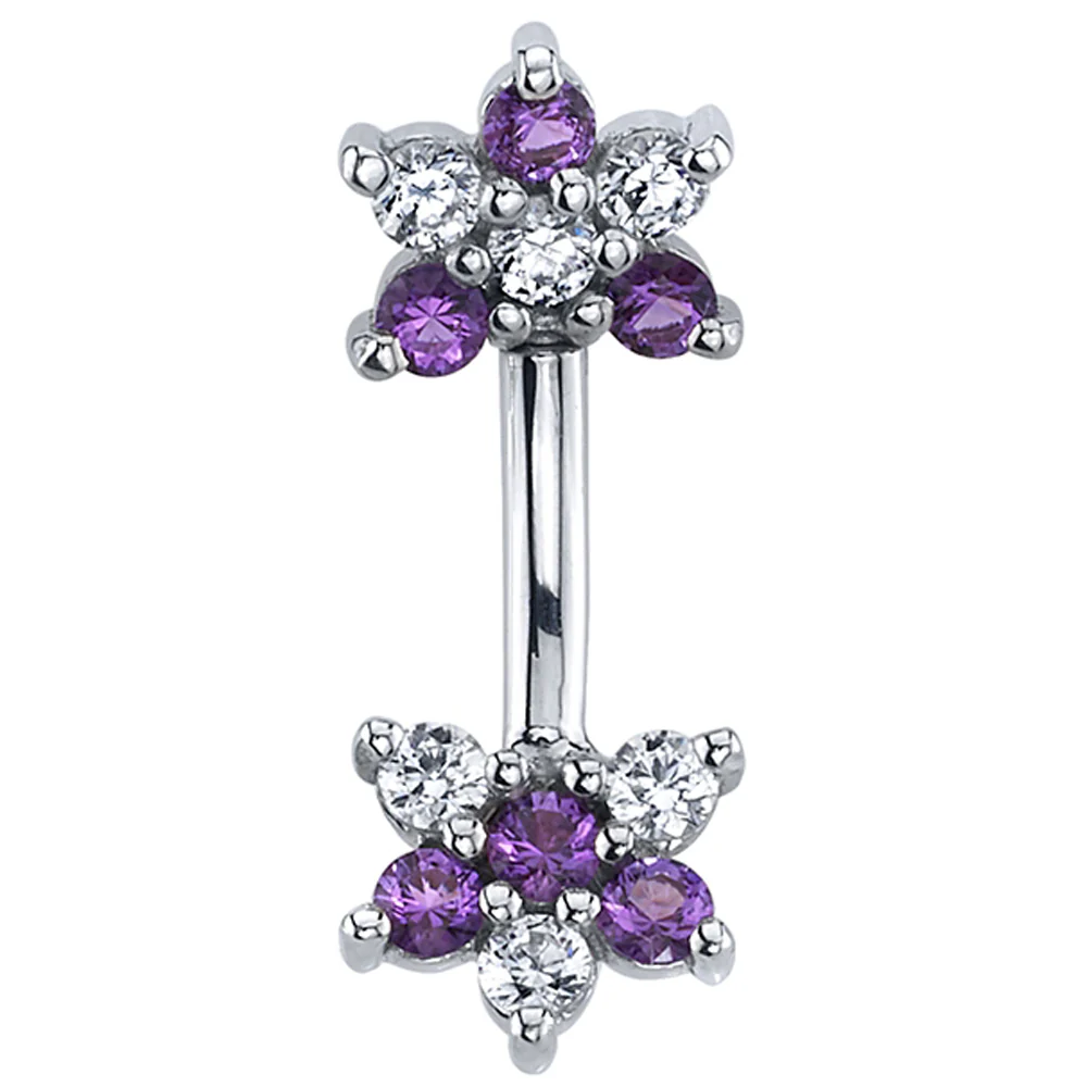 "Double Flowers" Curved Barbell in Gold with Amethyst & White CZ's - Image 2