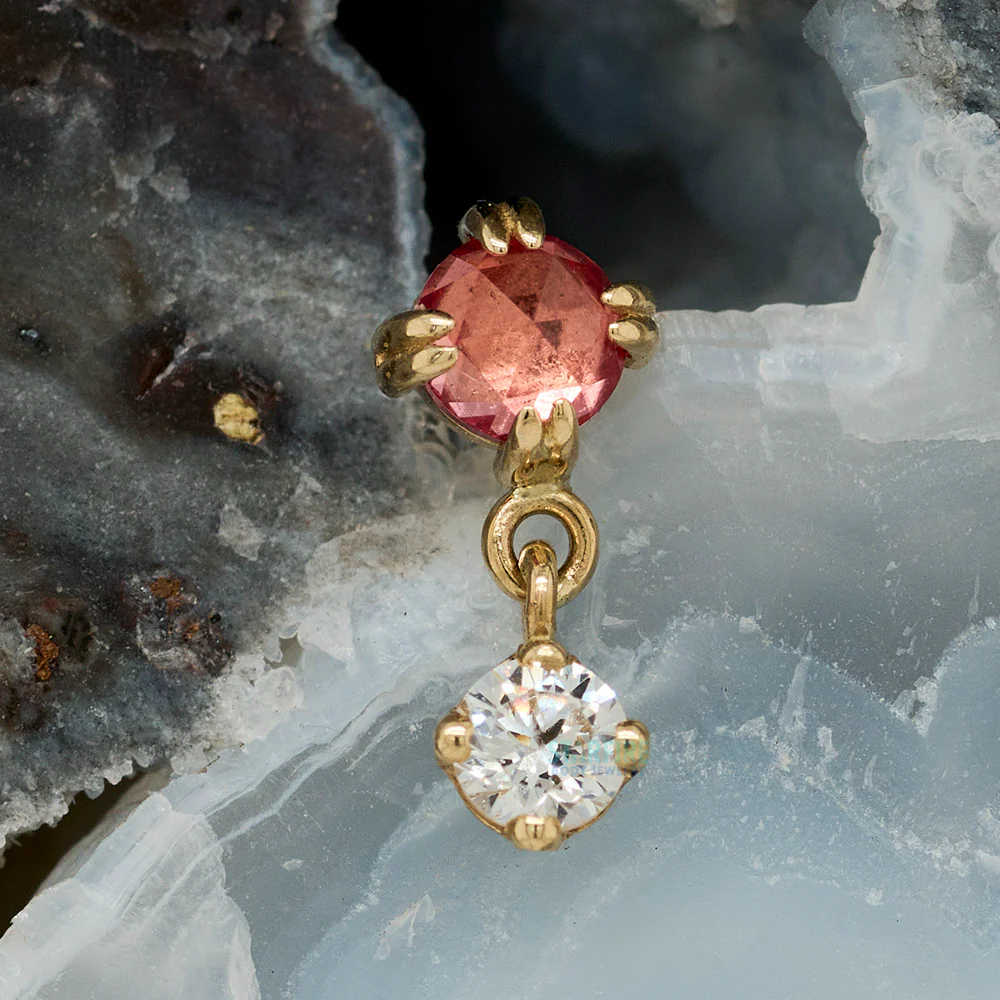 "Duet - Cab Prong" Threaded End in Gold with Rose Cut Padparadscha Sapphire & White CZ - Image 2