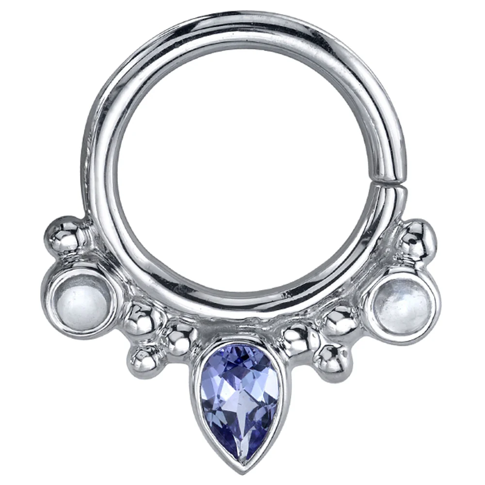 "Eden Pear" Hinge Ring in Gold & Platinum with Rainbow Moonstone & Tanzanite - Image 2
