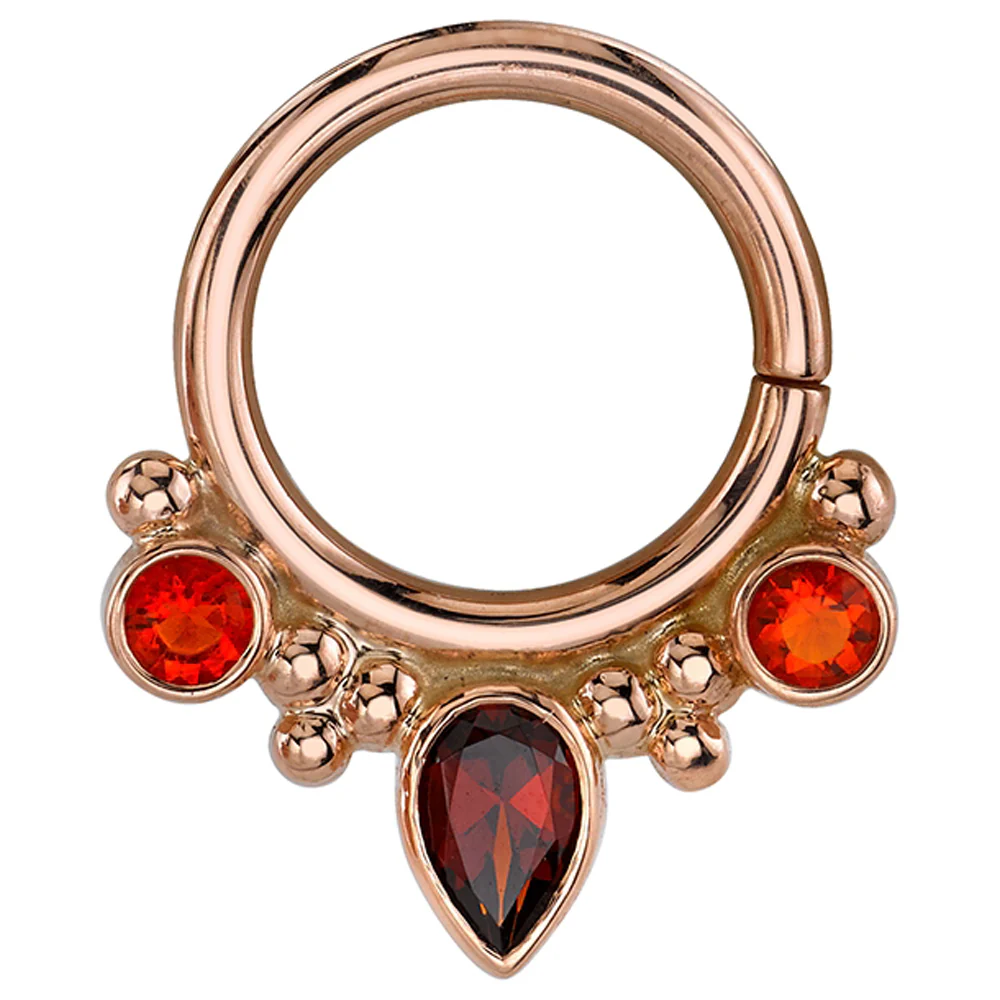 "Eden Pear" Seam Ring in Gold & Platinum with Poppy Topaz & Garnet
