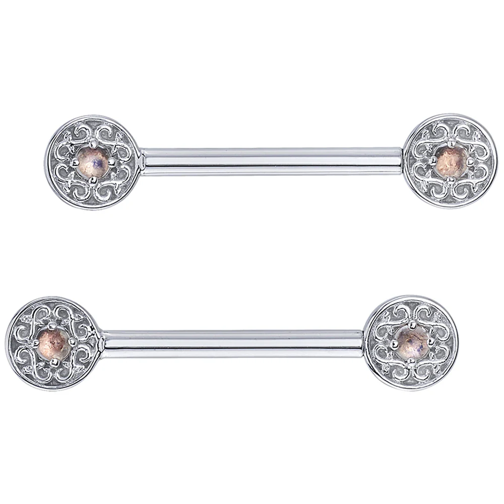 "Elizabeth" Forward Facing Nipple Barbells in Gold with Rainbow Moonstone