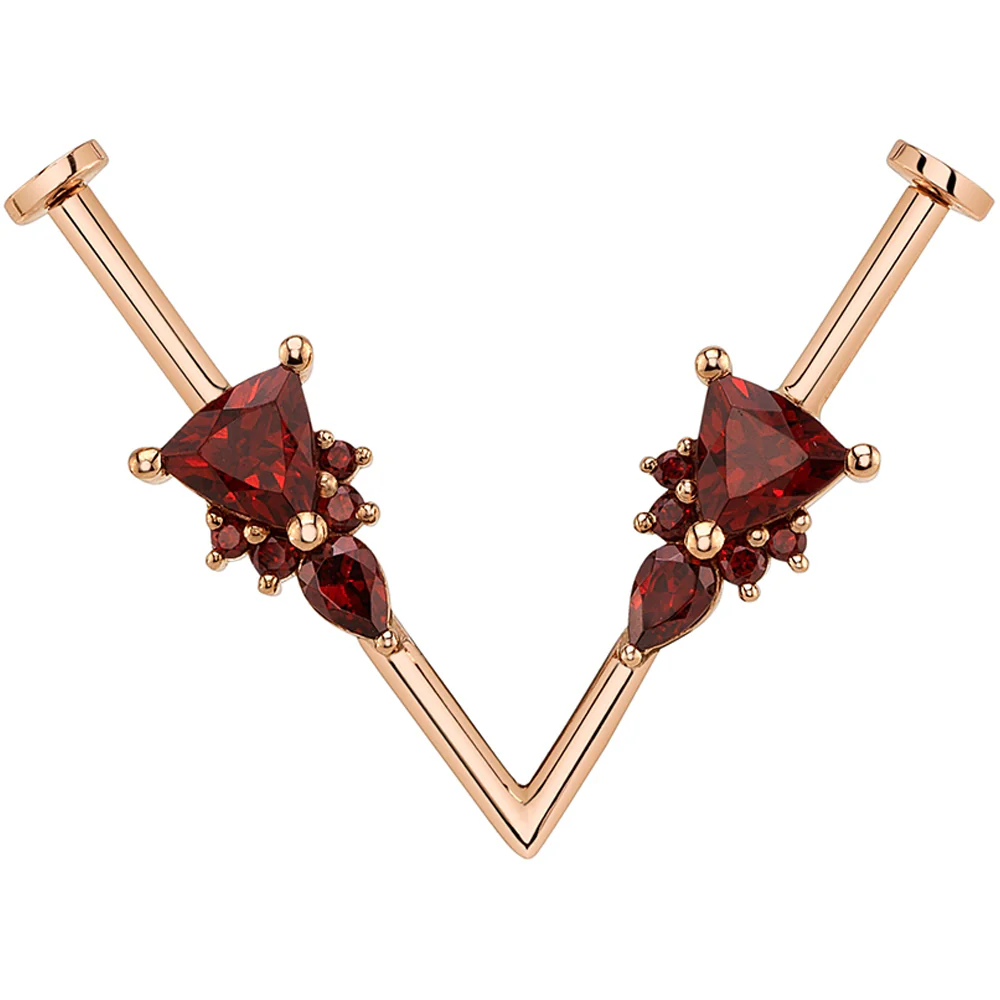 "Elspeth" V-Industrial Barbell in Gold & Platinum with Garnet - Image 2