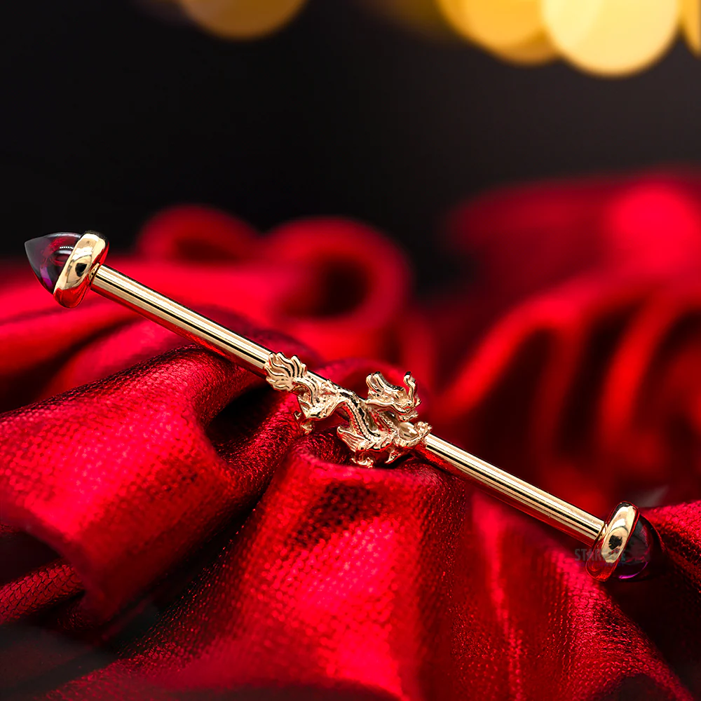 "Fei Long" Industrial Barbell in Gold with Rhodolite Bullets - Image 2
