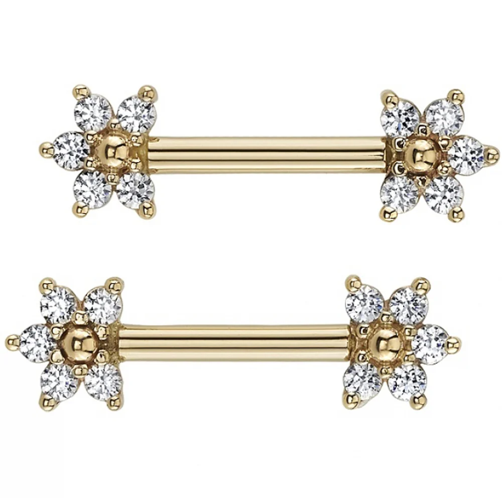 Flower #2 Forward Facing Nipple Barbells in Gold with White CZ & Gold Beads - Image 2
