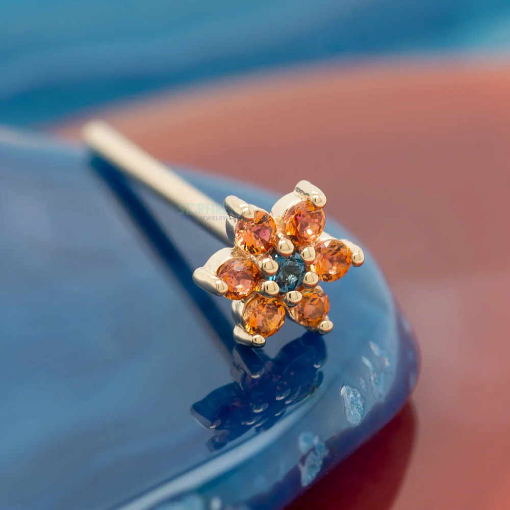 Flower #2 Nostril Screw in Gold with Anastasia Topaz' & London Blue Topaz - Image 2