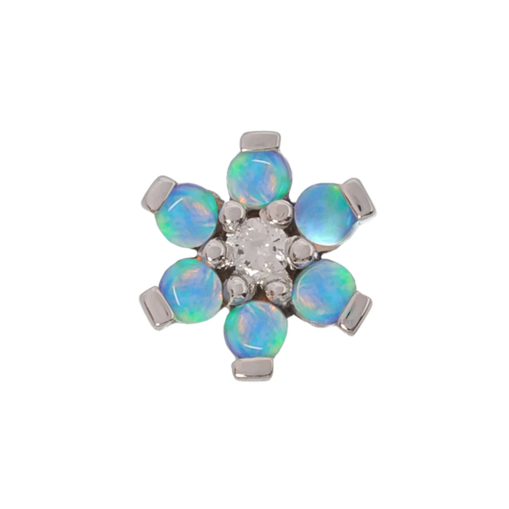 Flower #2 Nostril Screw in Gold with Baby Blue Cabochon Opals & White CZ - Image 2