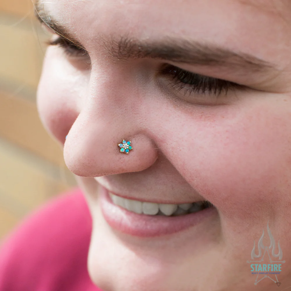 Flower #2 Nostril Screw in Gold with Baby Blue Cabochon Opals & White CZ - Image 3
