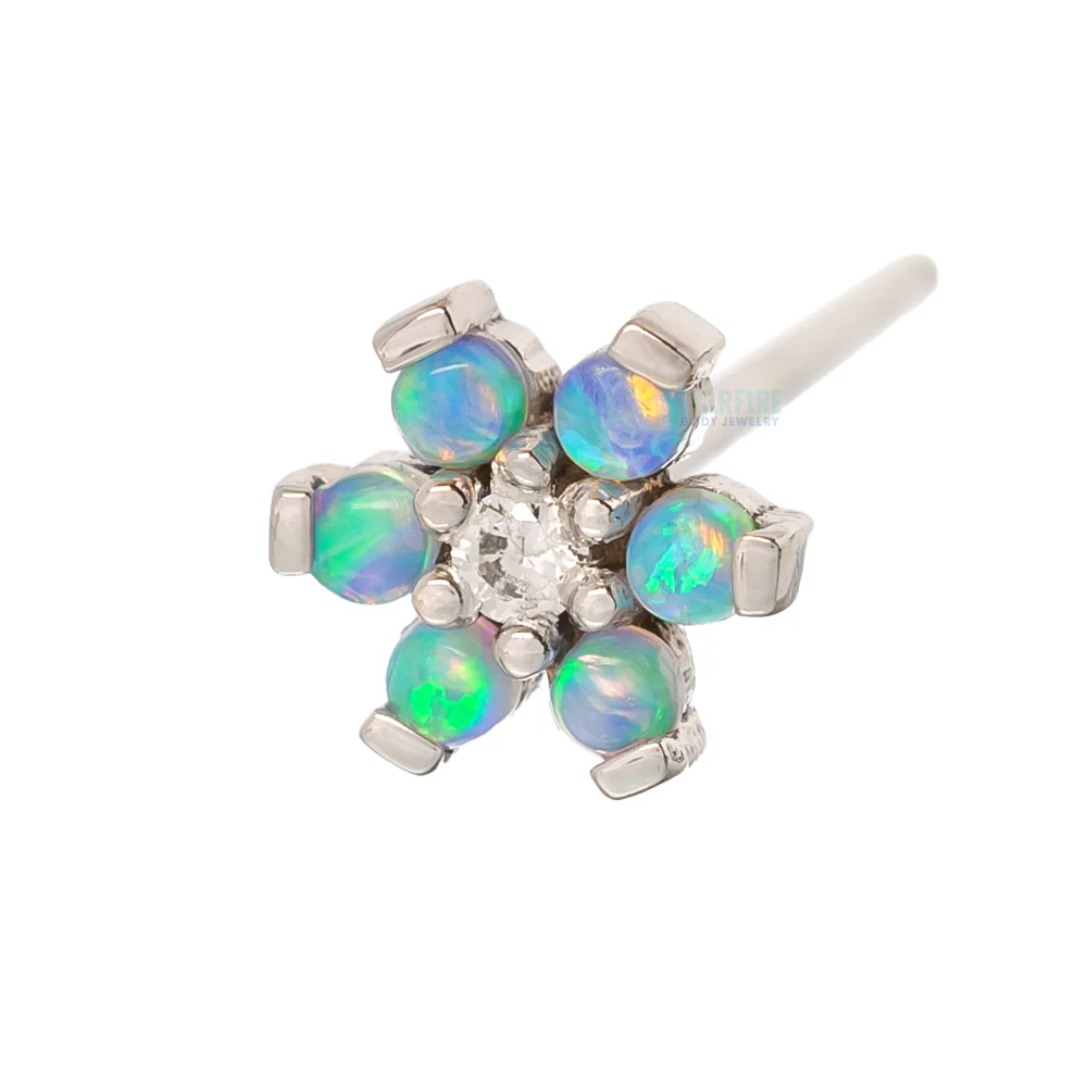 Flower #2 Nostril Screw in Gold with Baby Blue Cabochon Opals & White CZ - Image 4