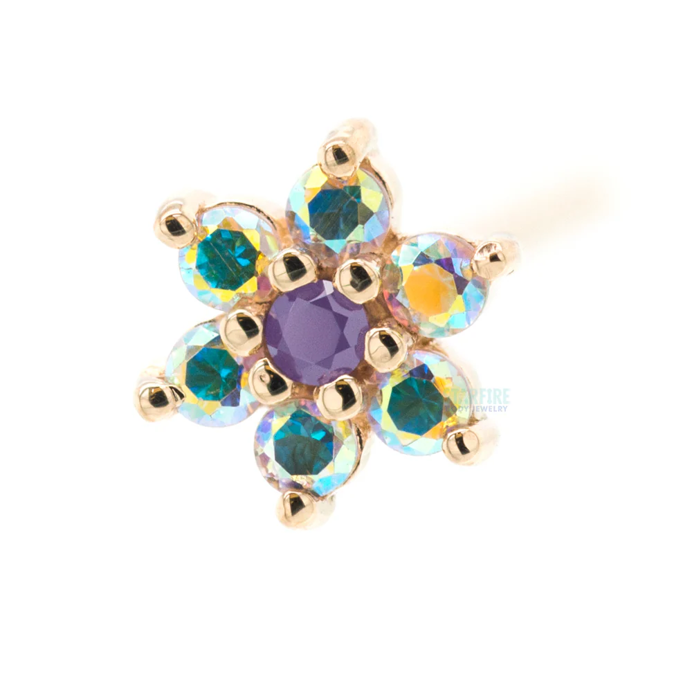 Flower #2 Nostril Screw in Gold with Mercury Mist Topaz' & Opaque Purple CZ
