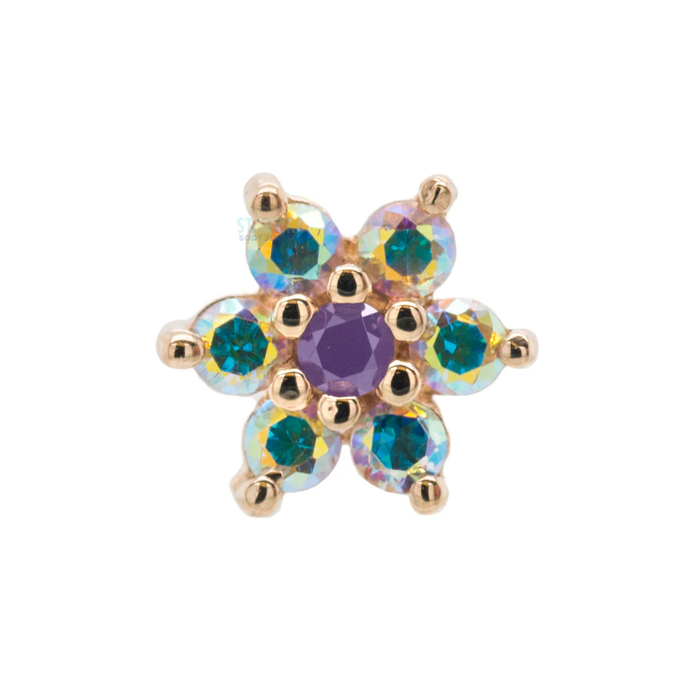 Flower #2 Nostril Screw in Gold with Mercury Mist Topaz' & Opaque Purple CZ - Image 2
