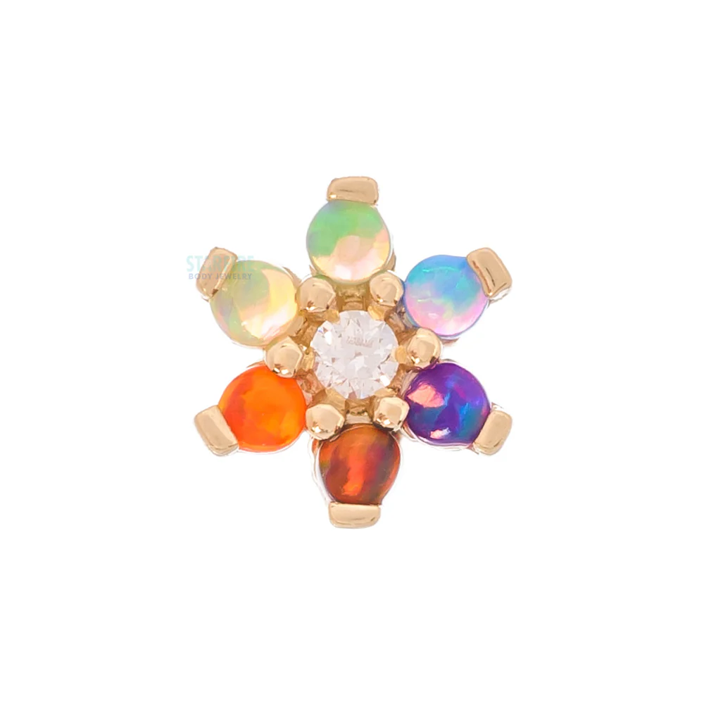 Flower #2 Nostril Screw in Gold with Rainbow Cabochon Opals & White CZ - Image 3