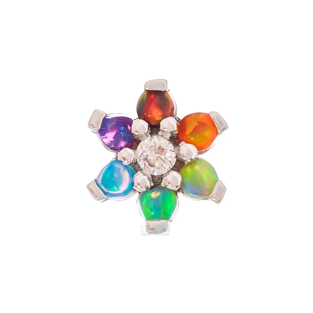 Flower #2 Nostril Screw in Gold with Rainbow Cabochon Opals & White CZ - Image 4