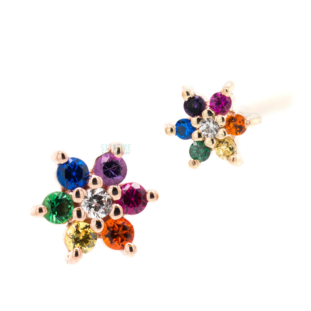 Flower #2 Nostril Screw in Gold with Rainbow CZ's & White CZ