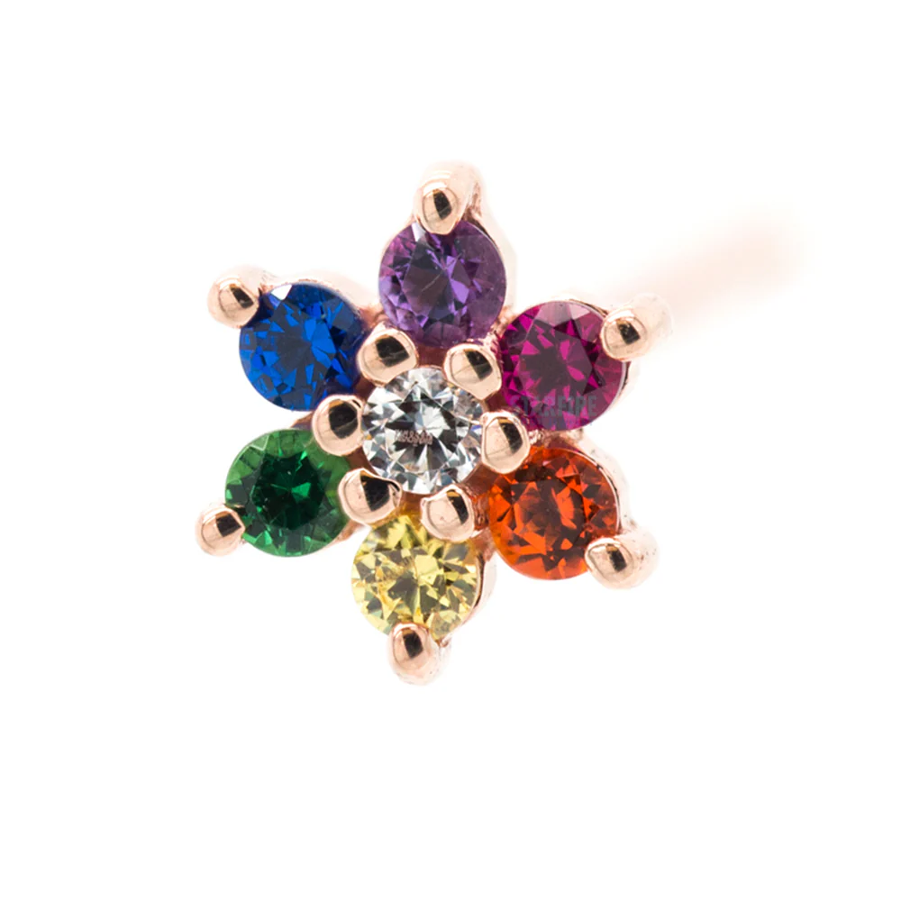 Flower #2 Nostril Screw in Gold with Rainbow CZ's & White CZ - Image 2