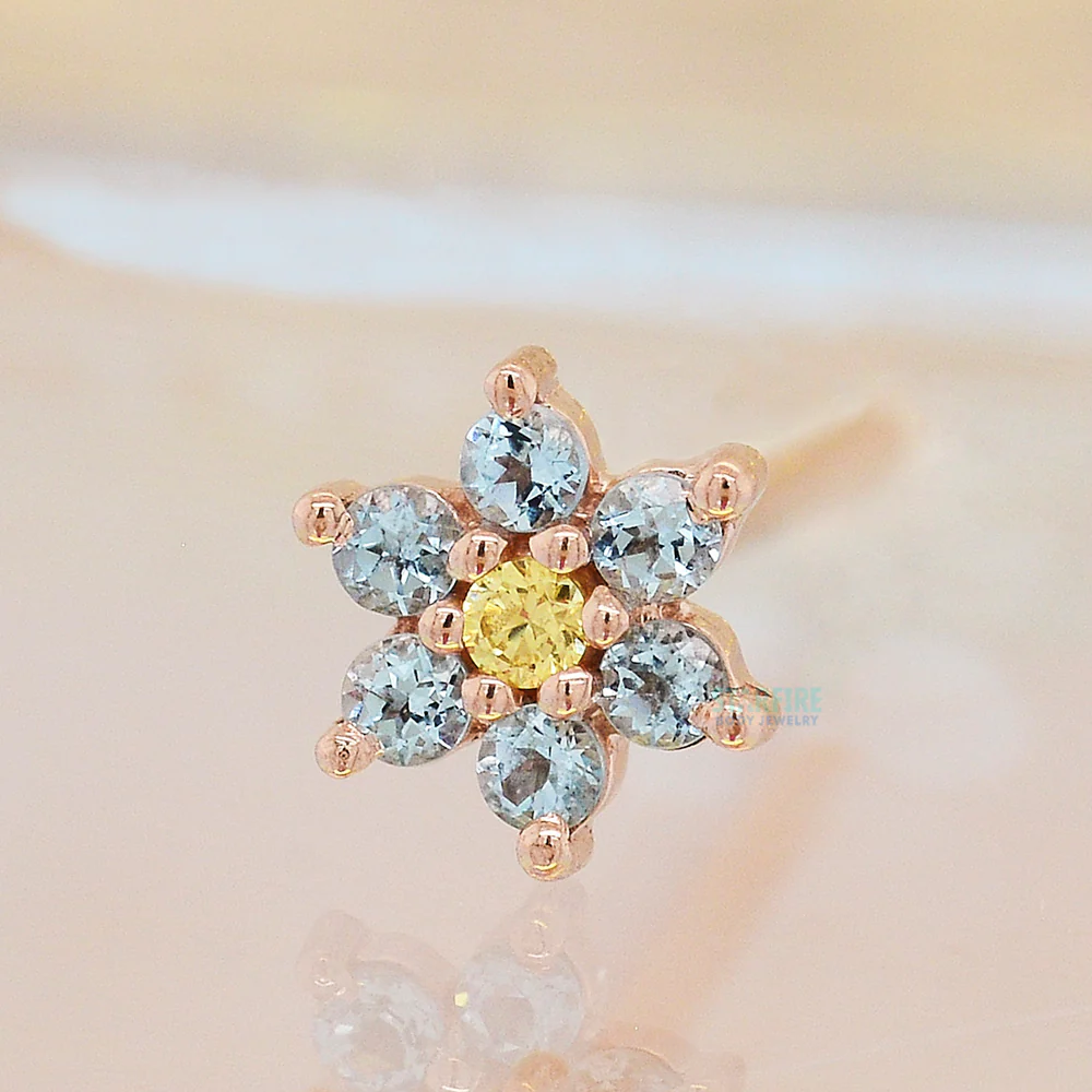Flower #2 Nostril Screw in Gold with Swiss Blue Topaz & Yellow CZ - Image 2