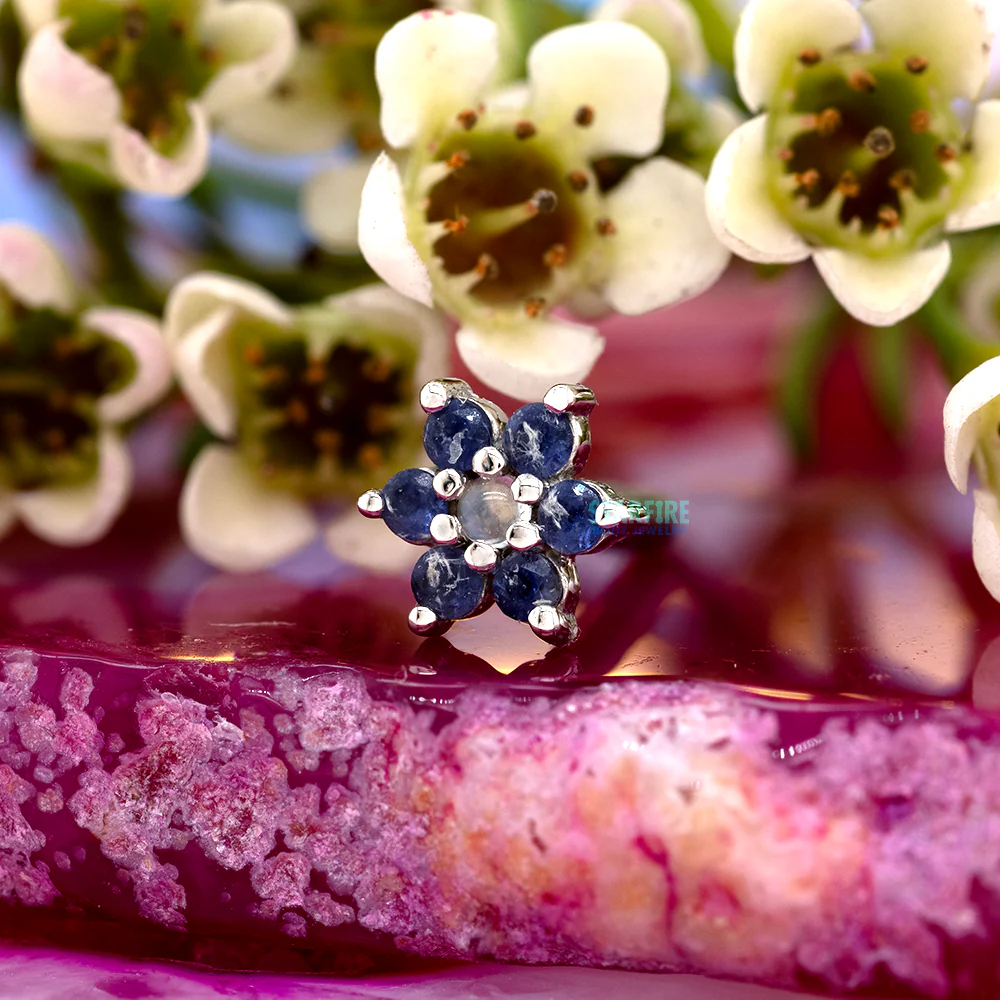Flower #2 Threaded End in Gold with Iolite & Rainbow Moonstone - Image 2