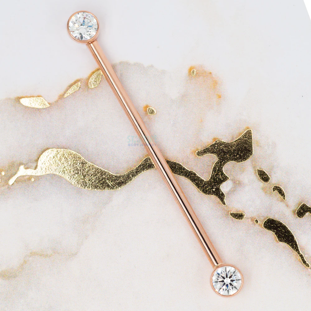 Forward Facing Industrial Barbell in Gold & Platinum with White CZ's - Image 2