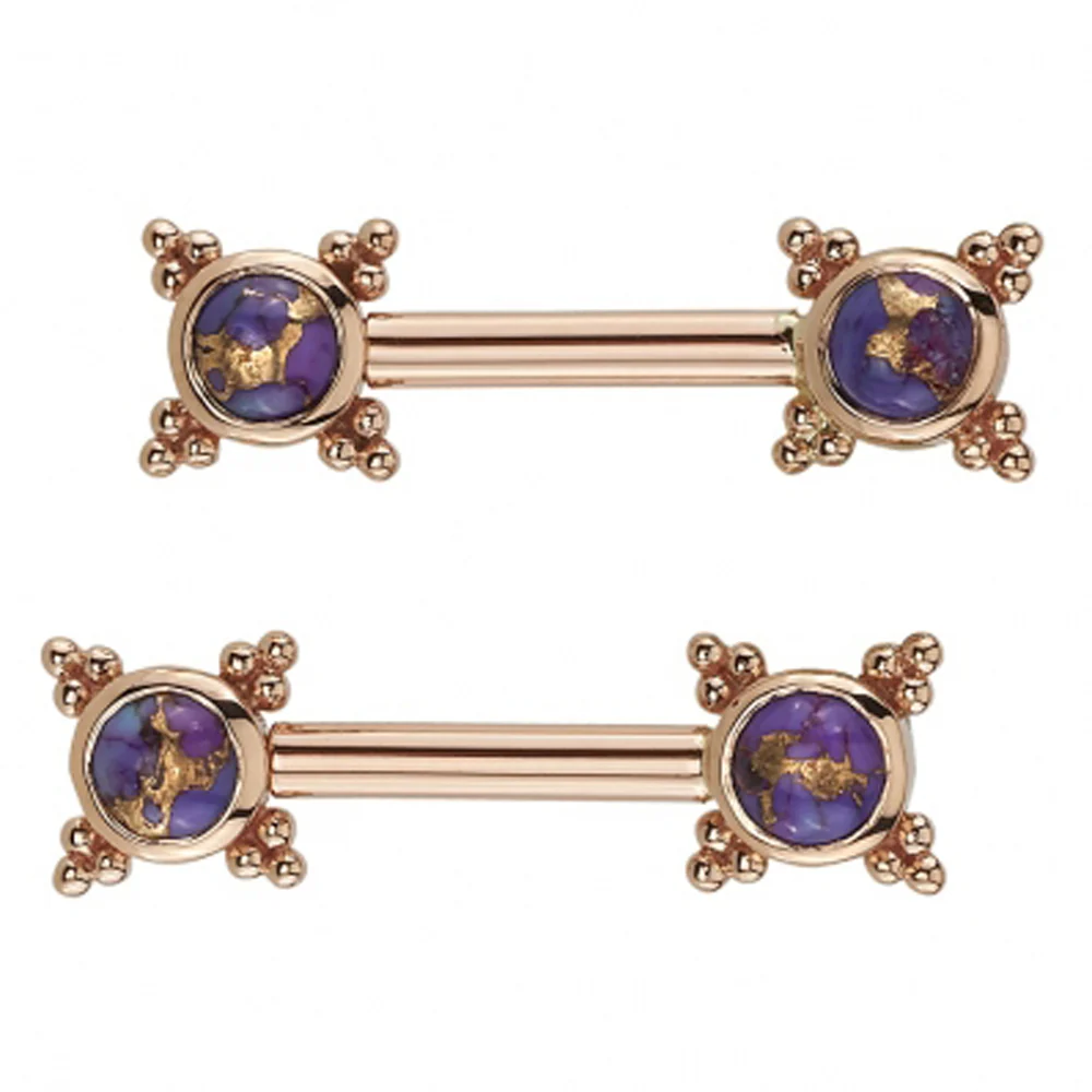 "Mini Kandy" Forward Facing Nipple Barbells in Gold with Copper Purple Turquoise - Image 2