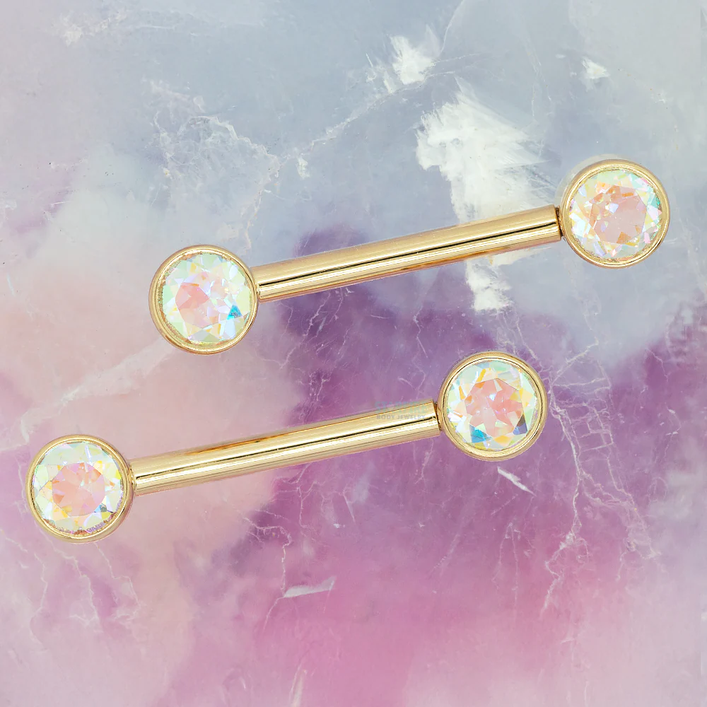 Forward Facing Nipple Barbells in Gold with Mercury Mist Topaz' - Image 2