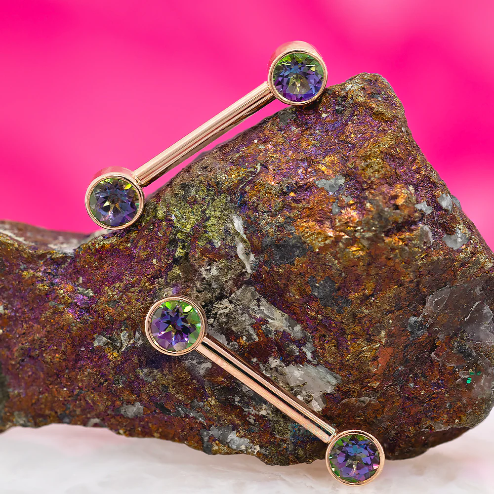 Forward Facing Nipple Barbells in Gold with Mystic Topaz - Image 2