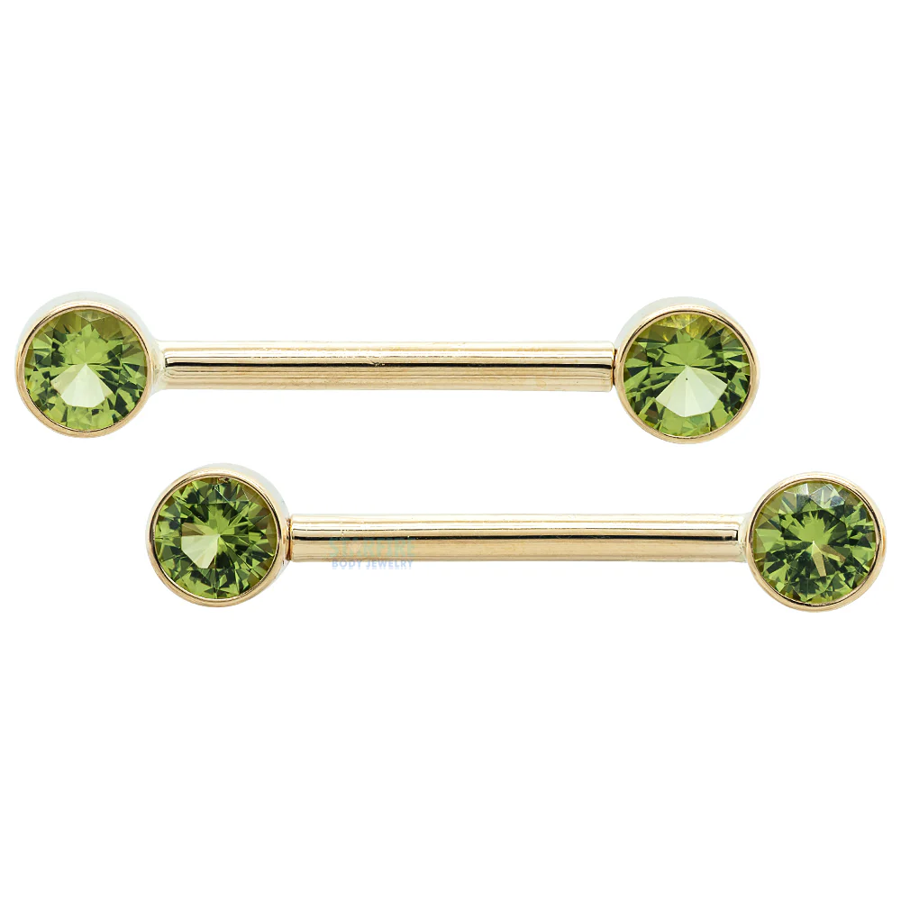 Forward Facing Nipple Barbells in Gold with Peridot - Image 2