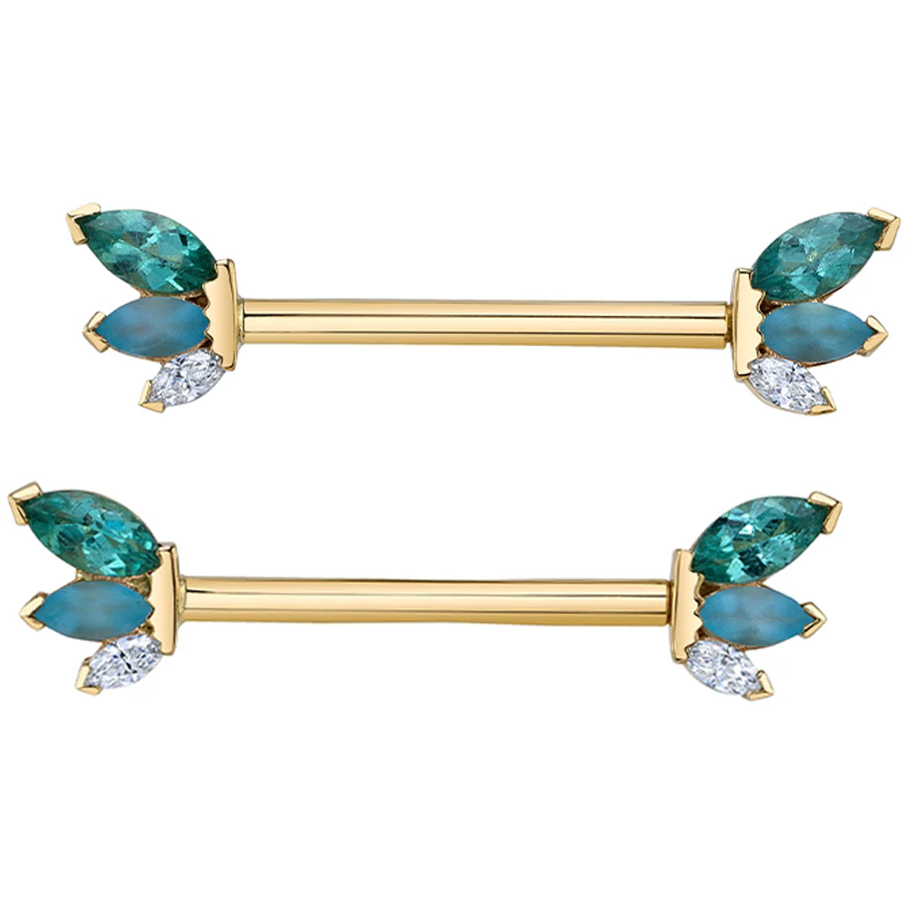 "French Kiss" Forward Facing Nipple Barbells in Gold with Seafoam Tourmaline, Sandblasted Swiss Blue Topaz & DIAMONDS - Image 2