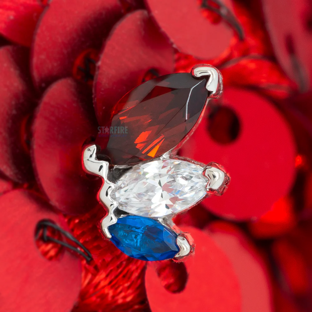 "French Kiss" Standard Threaded End in Gold & Platinum with Garnet, White CZ, & Synthetic Dark Blue - Image 2