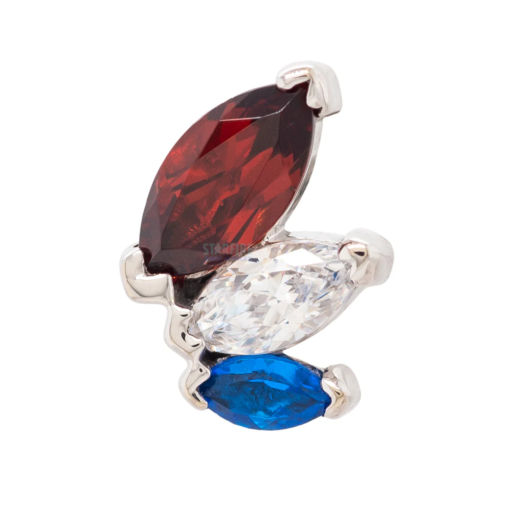"French Kiss" Standard Threaded End in Gold & Platinum with Garnet, White CZ, & Synthetic Dark Blue - Image 3