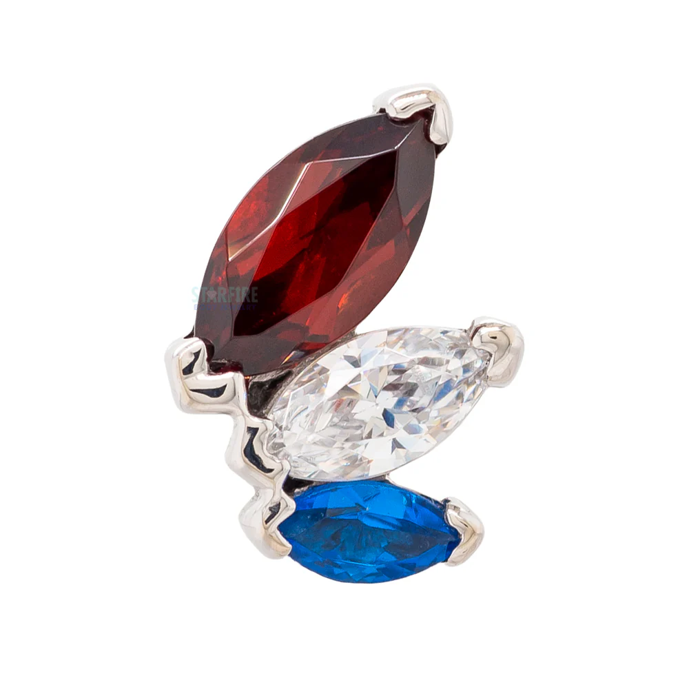 "French Kiss" Standard Threaded End in Gold & Platinum with Garnet, White CZ, & Synthetic Dark Blue - Image 4