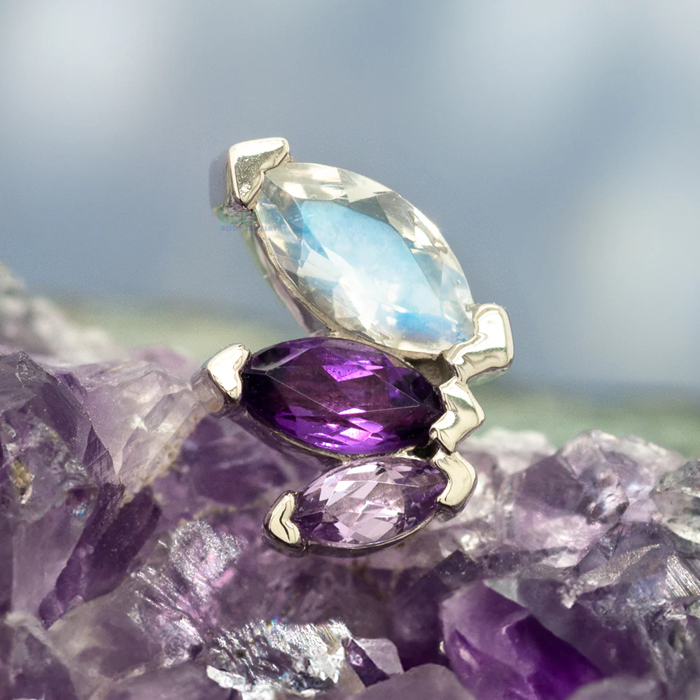 "French Kiss" Threaded End in Gold with Rainbow Moonstone, Amethyst & Light Amethyst - Image 2