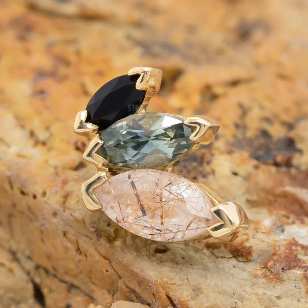"French Kiss" Threaded End in Gold with Rutilated Quartz, Grey Sapphire & Onyx - Image 2