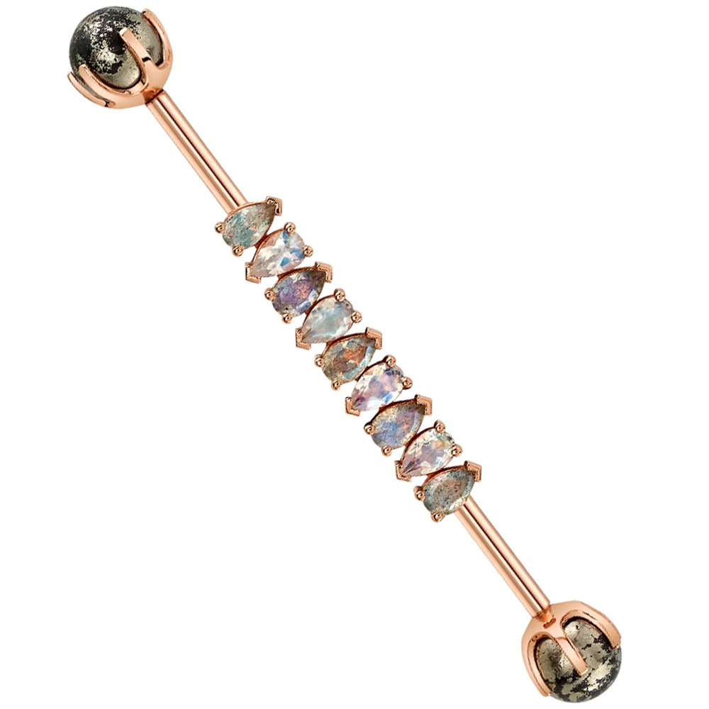 "Freyja" Industrial Barbell in Gold with Rainbow Moonstone, Labradorite & Pyrite - Image 2