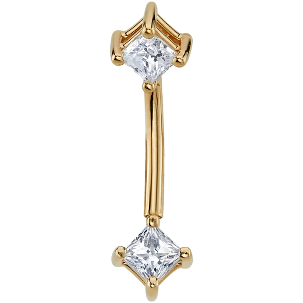 Gold Curved Barbell with Prong-Set Princess-Cut White CZ's - Image 2