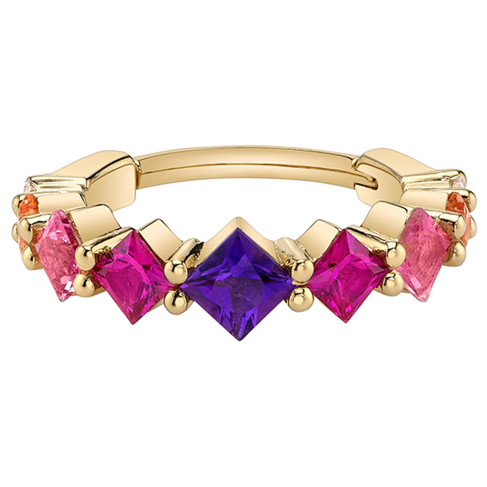 Graduating Tiffany Hinge Ring in Gold with Amethyst, Hot Pink Sapphire, Pink Topaz, Peach Topaz & Diamonds - Image 2