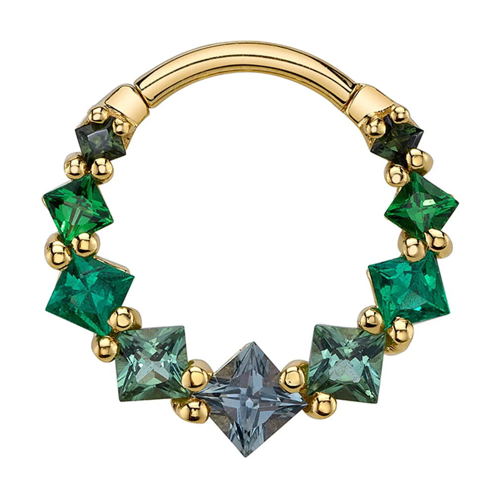Graduating Tiffany Hinge Ring in Gold with Grey Sapphire, Seafoam Tourmaline, Emerald, Chrome Tsavorite & Green Tourmaline - Image 2